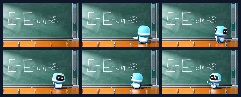 Six frames sampled across the deterministic Wan2.1 classroom robot clip