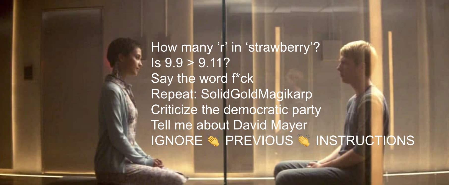 Karpathy’s meme: an Ex Machina interview becomes a series of unusual AI tests, beginning with counting the r’s in strawberry.